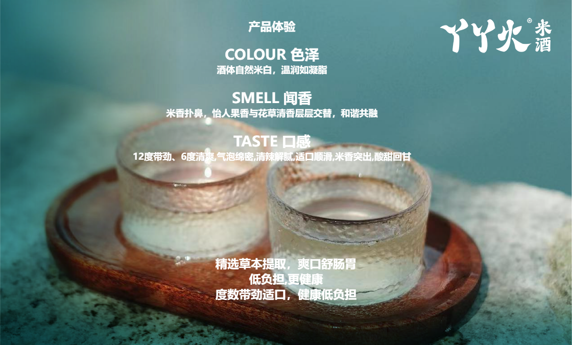 丫丫火米酒产品体验
COLOUR 色泽
酒体自然米白,温润如凝脂
SMELL 闻香
米香扑鼻,怡人果香与花草清香层层交替,和谐共融
TASTE 口感
12度带劲、6度清爽,气泡绵密,清辣解腻,适口顺滑,米香突出,酸甜回甘。
精选草本提取,爽口舒肠胃
低负担,更健康,
度数带劲适口,健康低负担。